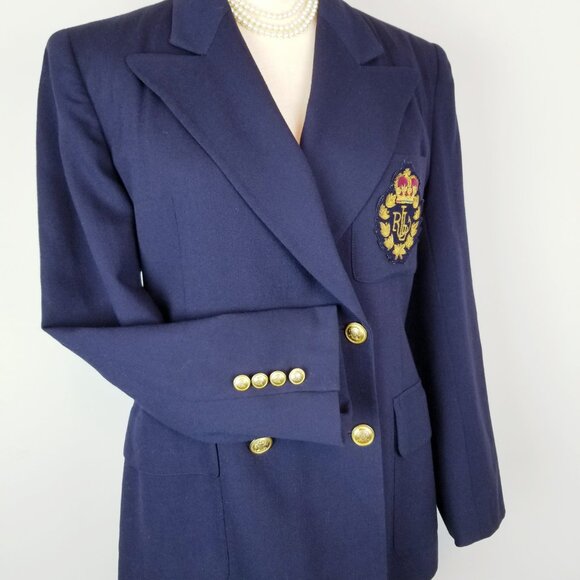 VTG Ralph Lauren Navy Blazer Royal Crest Gold Button Double Breasted Wool * 12P - Picture 8 of 12